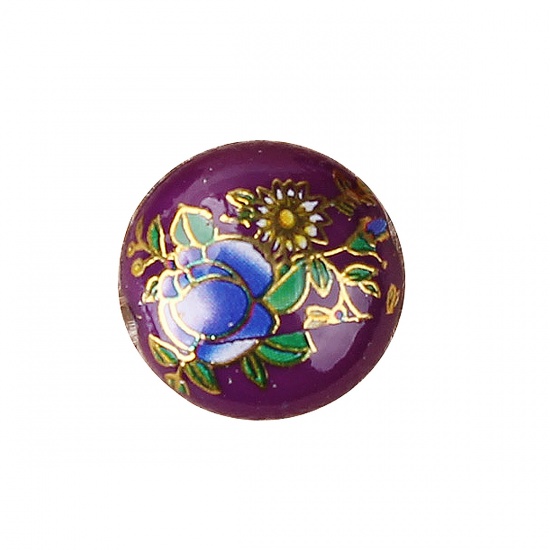 Picture of Resin Japan Painting Vintage Japanese Tensha Spacer Beads Flat Round Purple Rose Flower Pattern About 16mm Dia, Hole: Approx 2.2mm, 5 PCs