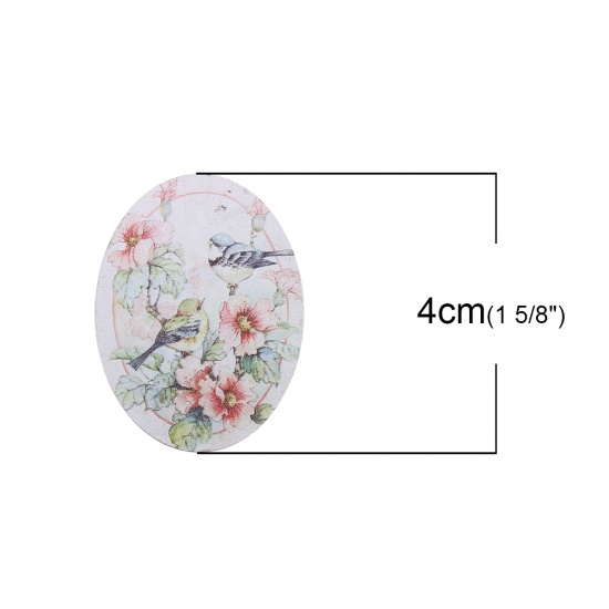 Picture of Wood Embellishments Scrapbooking Oval Multicolor Flower Bird Animal Pattern 40mm(1 5/8") x 30mm(1 1/8"), 5 PCs