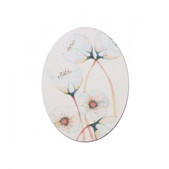 Picture of Wood Embellishments Scrapbooking Oval White Flower Pattern 40mm(1 5/8") x 30mm(1 1/8"), 5 PCs