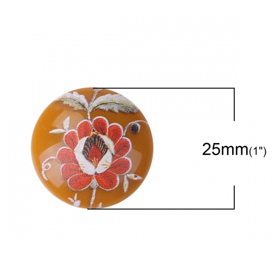 Picture of Resin Japan Painting Vintage Japanese Tensha Dome Seals Cabochon Round Brown Flower Pattern 25mm(1") Dia, 10 PCs