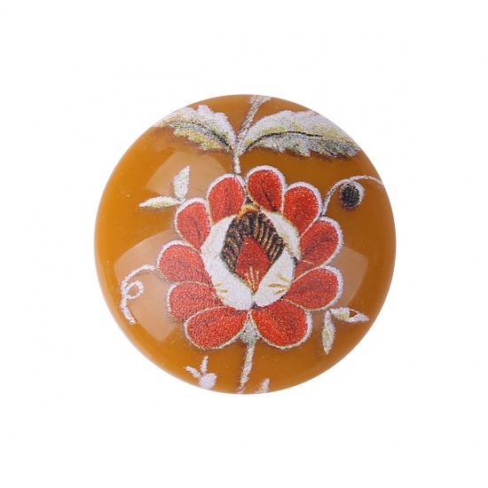 Picture of Resin Japan Painting Vintage Japanese Tensha Dome Seals Cabochon Round Brown Flower Pattern 25mm(1") Dia, 10 PCs