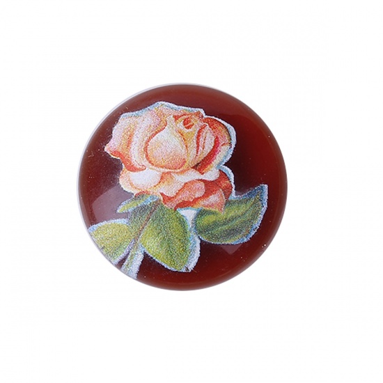Picture of Resin Japan Painting Vintage Japanese Tensha Dome Seals Cabochon Round Coffee Rose Flower Pattern 25mm(1") Dia, 10 PCs