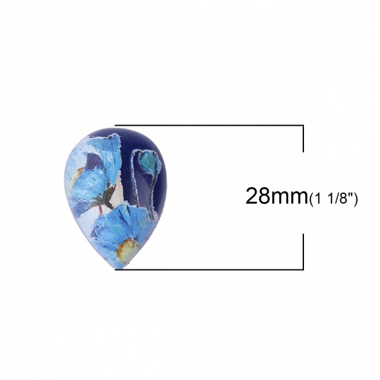Picture of Resin Japan Painting Vintage Japanese Tensha Dome Seals Cabochon Drop Blue Flower Pattern 28mm(1 1/8") x 20mm( 6/8"), 10 PCs