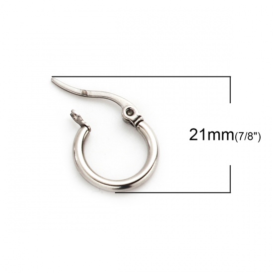 Picture of 304 Stainless Steel Hoop Earrings Round Silver Tone 21mm( 7/8") x 14mm( 4/8"), Post/ Wire Size: (21 gauge), 10 PCs