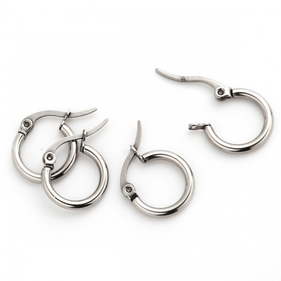 Picture of 304 Stainless Steel Hoop Earrings Round Silver Tone 21mm( 7/8") x 14mm( 4/8"), Post/ Wire Size: (21 gauge), 10 PCs