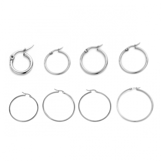Picture of 304 Stainless Steel Hoop Earrings Round Silver Tone 21mm( 7/8") x 14mm( 4/8"), Post/ Wire Size: (21 gauge), 10 PCs