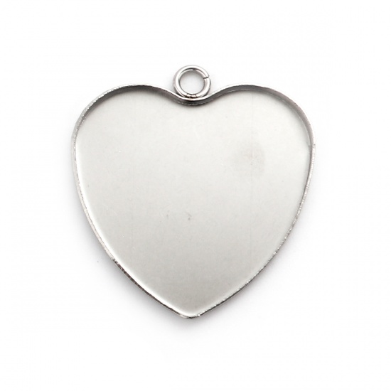 Picture of 304 Stainless Steel Pendants Heart Silver Tone Cabochon Settings (Fits 30mmx28mm) 34mm(1 3/8") x 31mm(1 2/8"), 5 PCs