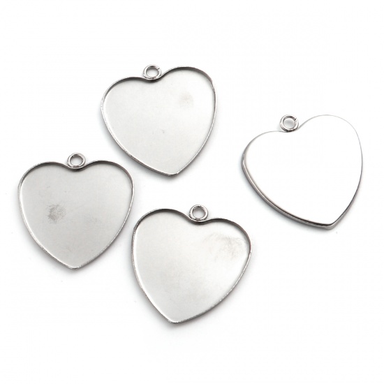 Picture of 304 Stainless Steel Pendants Heart Silver Tone Cabochon Settings (Fits 30mmx28mm) 34mm(1 3/8") x 31mm(1 2/8"), 5 PCs