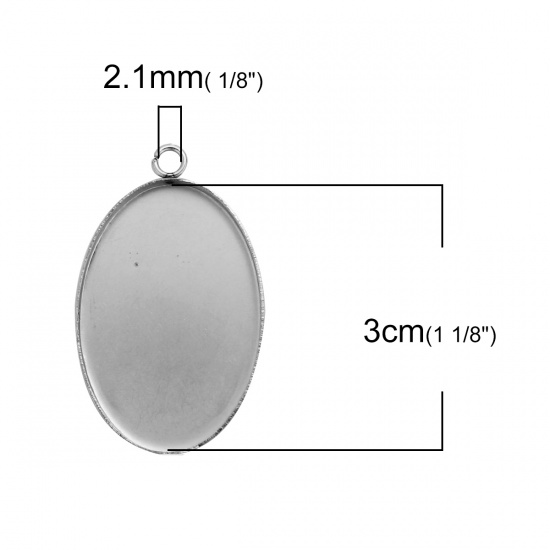 Picture of 304 Stainless Steel Pendants Oval Silver Tone Cabochon Settings (Fits 30mmx20mm) 35mm(1 3/8") x 21mm( 7/8"), 10 PCs