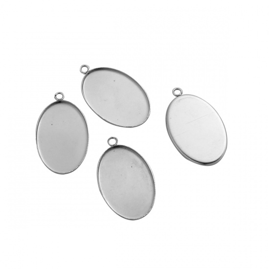 Picture of 304 Stainless Steel Pendants Oval Silver Tone Cabochon Settings (Fits 30mmx20mm) 35mm(1 3/8") x 21mm( 7/8"), 10 PCs