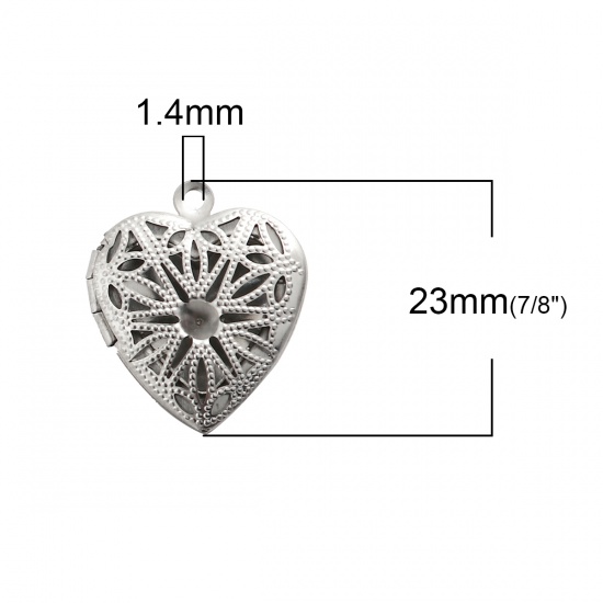 Picture of 304 Stainless Steel Picture Photo Locket Frame Pendents Heart Silver Tone (Can Hold ss16 Pointed Back Rhinestone) Cabochon Settings (Fits 14mmx11mm) Can Open 23mm( 7/8") x 19mm( 6/8"), 1 Piece