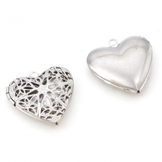 Picture of 304 Stainless Steel Picture Photo Locket Frame Pendents Heart Silver Tone Cabochon Settings (Fits 19mmx14mm) Can Open 26mm(1") x 26mm(1"), 1 Piece