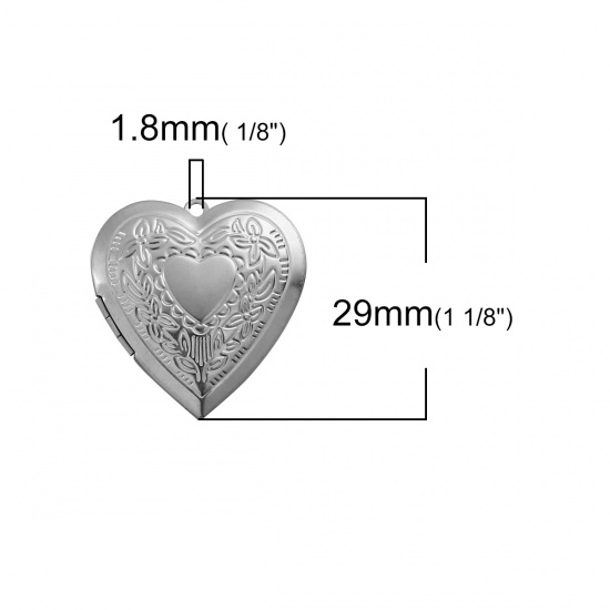 Picture of 304 Stainless Steel Picture Photo Locket Frame Pendents Heart Silver Tone Cabochon Settings (Fits 21mmx17mm) Can Open 29mm(1 1/8") x 29mm(1 1/8"), 1 Piece