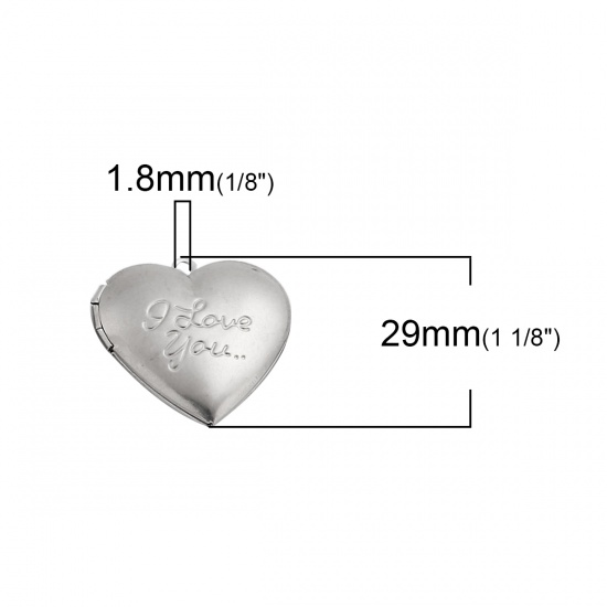 Picture of 304 Stainless Steel Picture Photo Locket Frame Pendents Heart Silver Tone Messag " Love You " Cabochon Settings (Fits 21mmx17mm) Can Open 29mm(1 1/8") x 29mm(1 1/8"), 1 Piece