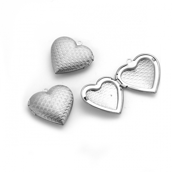 Picture of 304 Stainless Steel Picture Photo Locket Frame Pendents Heart Silver Tone Cabochon Settings (Fits 22mmx17mm) Can Open 29mm(1 1/8") x 29mm(1 1/8"), 1 Piece
