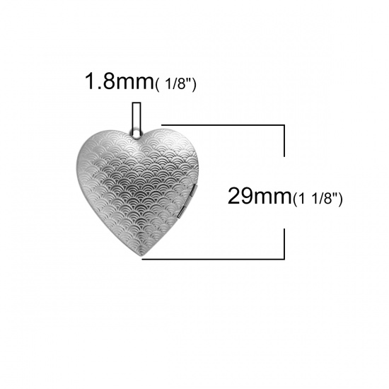 Picture of 304 Stainless Steel Picture Photo Locket Frame Pendents Heart Silver Tone Cabochon Settings (Fits 22mmx17mm) Can Open 29mm(1 1/8") x 29mm(1 1/8"), 1 Piece