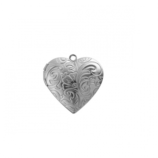 Picture of 304 Stainless Steel Picture Photo Locket Frame Pendents Heart Silver Tone Wave Cabochon Settings (Fits 22mmx17mm) Can Open 29mm(1 1/8") x 29mm(1 1/8"), 1 Piece