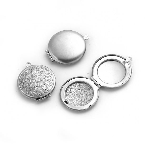 Picture of 304 Stainless Steel Picture Photo Locket Frame Pendents Round Silver Tone Flower Cabochon Settings (Fits 19mm Dia.) Can Open 32mm(1 2/8") x 27mm(1 1/8"), 1 Piece