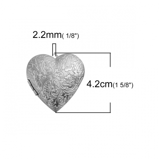 Picture of 304 Stainless Steel Picture Photo Locket Frame Pendents Heart Silver Tone Flower Cabochon Settings (Fits 30mmx26mm) Can Open 42mm(1 5/8") x 40mm(1 5/8"), 1 Piece