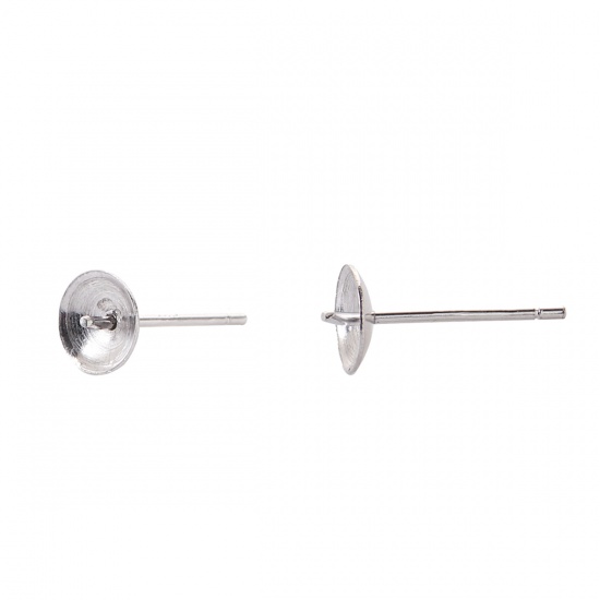 Picture of Sterling Silver Ear Post Stud Earrings Findings Round Silver (Fit Bead Size: 6mm) 13mm( 4/8") x 5mm( 2/8"), Post/ Wire Size: (21 gauge), 1 Pair