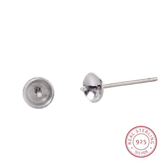Picture of Sterling Silver Ear Post Stud Earrings Findings Round Silver (Fit Bead Size: 6mm) 13mm( 4/8") x 4mm(1/8"), Post/ Wire Size: (21 gauge), 1 Pair