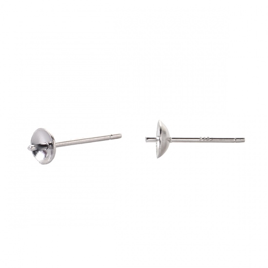 Picture of Sterling Silver Ear Post Stud Earrings Findings Round Silver (Fit Bead Size: 6mm) 13mm( 4/8") x 4mm(1/8"), Post/ Wire Size: (21 gauge), 1 Pair
