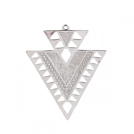 Brass Pendants Triangle Silver Tone 45mm(1 6/8") x 37mm(1 4/8"), 2 PCs