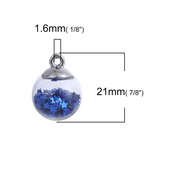 Picture of Glass Charms Transparent Glass Bubble Pentagram Star Deep Blue Sequins 21mm( 7/8") x 16mm( 5/8"), 20 PCs