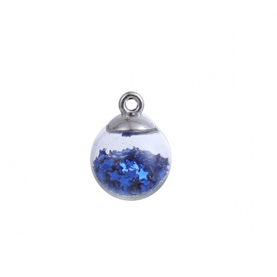 Picture of Glass Charms Transparent Glass Bubble Pentagram Star Deep Blue Sequins 21mm( 7/8") x 16mm( 5/8"), 20 PCs