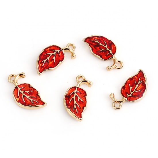 Picture of Zinc Based Alloy Charms Leaf Gold Plated Red Enamel 20mm( 6/8") x 10mm( 3/8"), 20 PCs