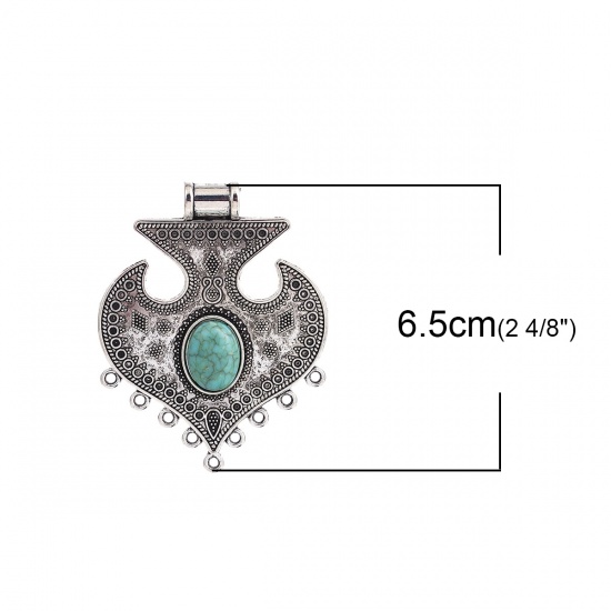 Picture of Zinc Based Alloy Chandelier Connectors Arrowhead Antique Silver Color Green Imitation Turquoise 65mm x 51mm, 2 PCs