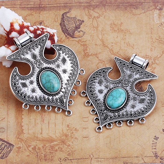 Picture of Zinc Based Alloy Chandelier Connectors Arrowhead Antique Silver Color Green Imitation Turquoise 65mm x 51mm, 2 PCs