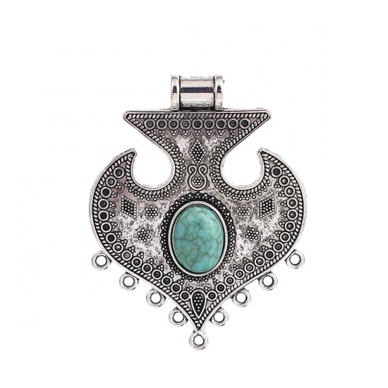 Picture of Zinc Based Alloy Chandelier Connectors Arrowhead Antique Silver Color Green Imitation Turquoise 65mm x 51mm, 2 PCs