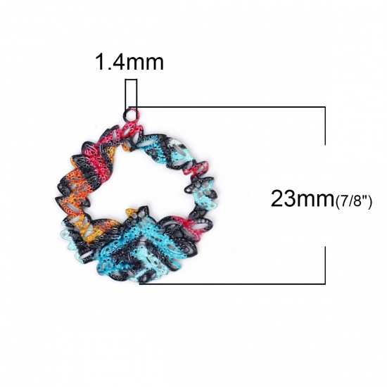 Bild von Eisenlegierung Emailmalerei Charms Ring Grün Bunt Filigran Stempel Verzierung 23mm x 20mm, 10 Stück