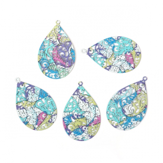 Picture of Iron Based Alloy Enamel Painting Pendants Drop Green Multicolor Filigree Stamping 30mm x 19mm, 10 PCs