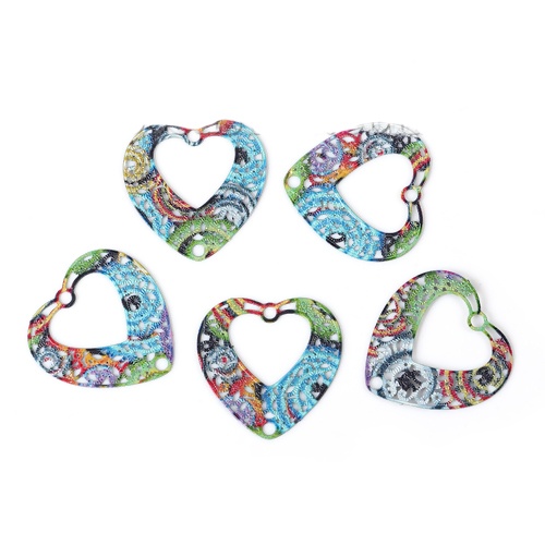 Picture of Iron Based Alloy Enamel Painting Connectors Heart Green Multicolor Filigree 20mm x 20mm, 10 PCs