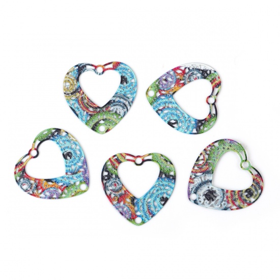 Picture of Iron Based Alloy Enamel Painting Connectors Heart Green Multicolor Filigree 20mm x 20mm, 10 PCs