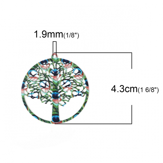 Bild von Eisenlegierung Emailmalerei Anhänger Baum Grün Bunt Filigran Stempel Verzierung 43mm x 40mm, 5 Stück