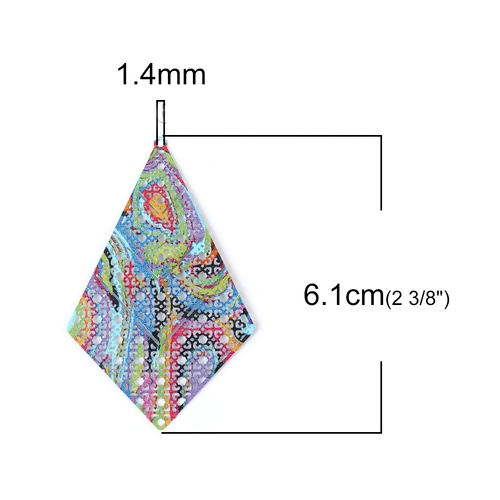 Picture of Iron Based Alloy Enamel Painting Pendants Rhombus Green Multicolor Filigree Stamping 61mm x 38mm, 5 PCs