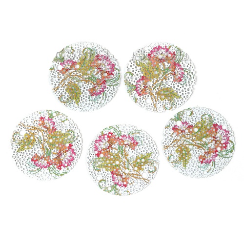 Picture of Iron Based Alloy Enamel Painting Pendants Round Green Multicolor Filigree Stamping 45mm(1 6/8") Dia., 5 PCs