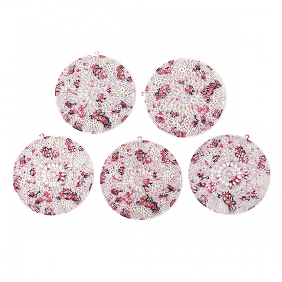 Picture of Iron Based Alloy Enamel Painting Pendants Round Green Multicolor Filigree Stamping 45mm(1 6/8") Dia., 5 PCs