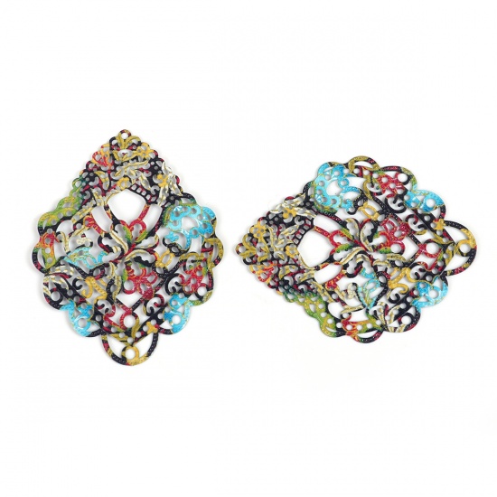 Picture of Iron Based Alloy Enamel Painting Pendants Drop Green Multicolor Filigree Stamping 63mm x 42mm, 3 PCs