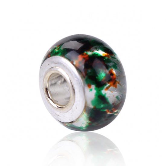 Picture of Glass European Style Large Hole Charm Beads Round Silver Plated Ink Spot Dark Green & Orange Transparent About 14mm( 4/8") Dia, Hole: Approx 4.3mm, 10 PCs