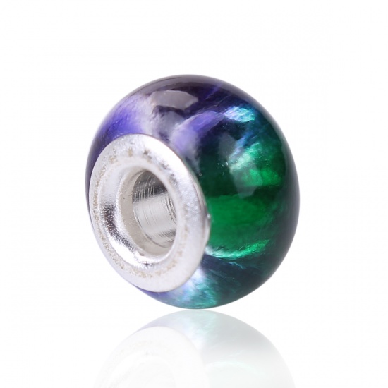 Picture of Glass European Style Large Hole Charm Beads Round Silver Plated Purple & Green Two Tone Transparent About 14mm( 4/8") Dia, Hole: Approx 4.3mm, 10 PCs