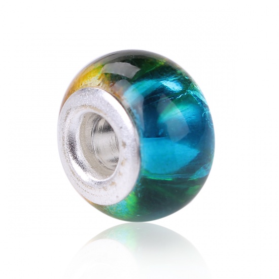 Picture of Glass European Style Large Hole Charm Beads Round Silver Plated Blue & Orange Two Tone Transparent About 14mm( 4/8") Dia, Hole: Approx 4.3mm, 10 PCs