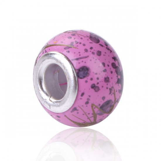 Picture of Glass European Style Large Hole Charm Beads Round Silver Plated Pink Drawbench About 14mm( 4/8") Dia, Hole: Approx 4.6mm, 10 PCs