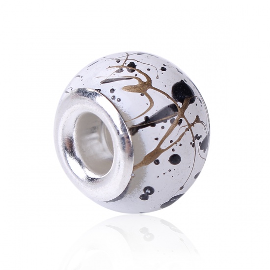 Picture of Glass European Style Large Hole Charm Beads Round Silver Plated White Drawbench About 14mm( 4/8") Dia, Hole: Approx 4.6mm, 10 PCs