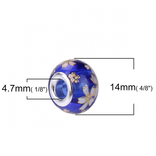 Picture of Glass Japan Painting Vintage Japanese Tensha European Style Large Hole Charm Beads Round Silver Plated Sakura Flower Royal Blue Transparent About 14mm( 4/8") Dia, Hole: Approx 4.7mm, 5 PCs