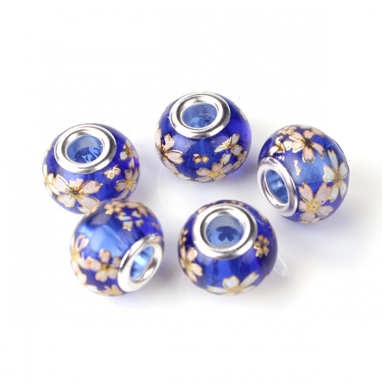 Picture of Glass Japan Painting Vintage Japanese Tensha European Style Large Hole Charm Beads Round Silver Plated Sakura Flower Royal Blue Transparent About 14mm( 4/8") Dia, Hole: Approx 4.7mm, 5 PCs