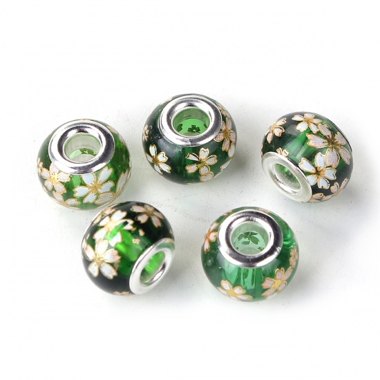 Picture of Glass Japan Painting Vintage Japanese Tensha European Style Large Hole Charm Beads Round Silver Plated Sakura Flower Green Transparent About 14mm( 4/8") Dia, Hole: Approx 4.7mm, 5 PCs